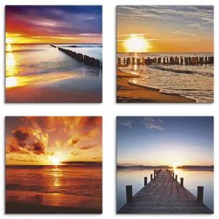 ARTLAND Wanddeko Strandbilder Leinwand Bilder Set 4 tlg. je 30x30 cm Quadratisch Wandbilder Landschaft Strand Ostsee Sonne Sonnenuntergang K2HC