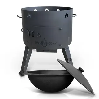 Utschak Feuerofen mit Gusseisen Topf runder Boden mit Deckel (22 L) Kazan KazanoFF, Учаг, Outdoor, Feuerschale, Camping, Kasan, Gulaschkanone Dutch Oven (Set 1)