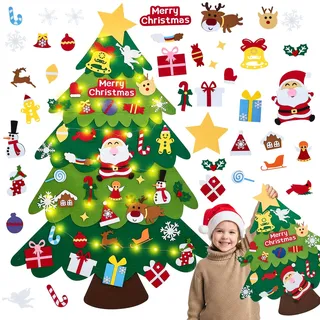 DazSpirit Filz Weihnachtsbaum mit Lichtern für Kinder – 4.76Ft DIY Filz Baum mit 39 Ornamenten – Weihnachtsbaum zum Aufhängen für Kleinkinder, Kinderzimmer, Tür & Wand Deko