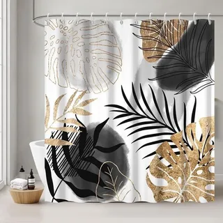 Duschvorhang 240 x 180 cm - Schimmelresistent, Schwarz/Gelb mit Tropischen Palmblättern