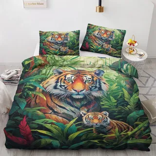 Generisch Tiger Bettwäsche 140x200 Sommer - Dschungel Tiere Bettbezug 140x200 3 Teilig, Weiche & Angenehme Mikrofaser Bettbezüge & 2 Kissenbezug 70x90, Bettwäsche-Sets mit Reißverschluss W&-177