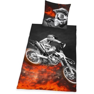 Bettwäsche »Motocross«, Herding Young Collection, Kissenbezug und Bettbezug Set, 80x80 und 135x200 cm, Bettwäsche Set, atmungsaktiv, Microfaser, Reißverschluss, schwarz/rot rot|schwarz