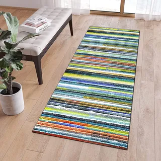 QQrunner Läufer Lang Flur rutschfest Teppich Küche 70x100cm Gestreift Bunt Teppichläufer Waschbar Meterware Lang Küchenteppich Schlafzimmer Korridor, Anpassbare Größe, 40-120cm Breit
