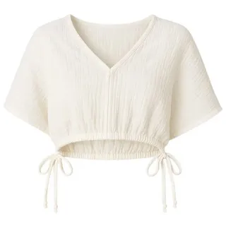 WENOR Crop-Top Musselin Bluse Cropped-Oberteil mit Tunnelzug und V-Ausschnitt Elastischer Bund mit Kordelzug, Überschnittene Schultern weiß