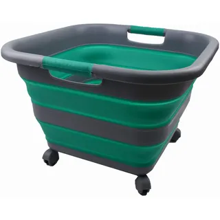 SAMMART Faltbarer Wäschekorb aus Kunststoff mit Rädern, 39 l, zusammenklappbar, mit Rollen, tragbare Waschwanne, platzsparender Korb (1, Dark Grey/Bluish-Green)