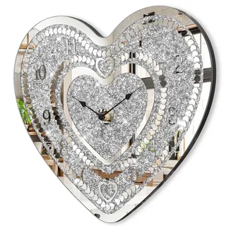 FEUFOAM Kristall-Wanduhren für Wohnzimmer-Dekor, Herzform, silberner Diamant, verspiegelte Wanduhr mit funkelndem Glitzer, zerkleinerter Diamant für Wanddekoration
