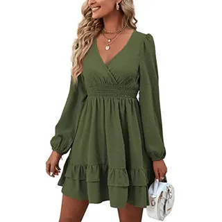 BKEPDY Damen Langarm Kleid V-Ausschnitt Wickelkleid Tunika Kleider Partykleid Sexy Casual Midikleid Elegant Rüschenkleid Kurz Festliche Hochzeit Abendkleider - M