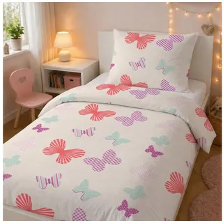 LINKHOFF Kinderbettwäsche Schmetterling Bettwäsche 135x200, 100% Baumwolle Mädchenbettwäsche Schmetterlinge Rosa Butter + Kissen rosa