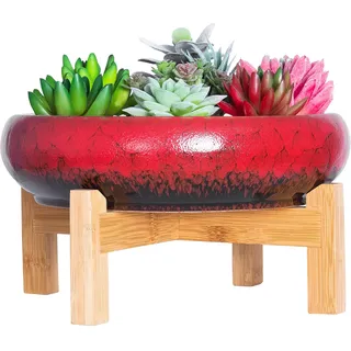 ARTKETTY Große runde saftige Pflanzgefäß mit Ständer, Vintage Keramik glasierte Bonsai Topf mit Mess Drainage Bildschirm, dekorative Garten Moderne Kaktusblume Pflanzgefäß Behälter Schüssel (Red)