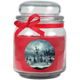 HS Candle Duftkerze (Dekokerze, 1-tlg), Halloween - Kerze im Bonbon Glas, Ideale Herbstdeko rot Ø 9 cm x 9 cm x 13 cm x 9 cm