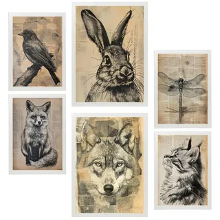 POSTER Set Mit 6 Vintage Tiere Vogel Hase Libelle Fuchs Wolf Katze A3 & A4 Weißer Rahmen