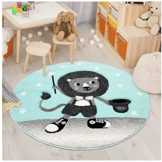 Carpet City Kinderteppich mit Löwe in Mint, Grau - 160 cm Rund - Kurzflor Spielteppich für Kinderzimmer, Babyzimmer und Spielecke - 100% Polypropylen, weiche Haptik