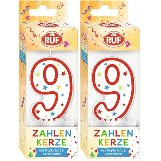 RUF Zahlenkerze Nummer 9, rote Geburtstags-Kerze mit bunten Sternchen, hochwertige Jubiläums-Kerze mit Tropfschutz, ideal als Kuchen Deko, 1 Stück (Packung mit 2)