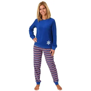 Damen Frottee Pyjama mit Rundhals, Uni Oberteil, Flocke, Ringel Hose, Blau, 59895, Gr. L 44/46 - 44