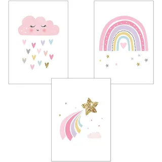 3er Set Poster Regenbogen Wolke Blume Einhorn Tier Kinderzimmer Deko Bilder Set Junge Mädchen Babyzimmer Kinderbilder (Stil 2,21x30cm)