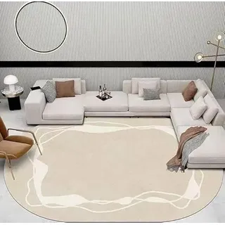 Ovaler Teppich für Wohnzimmer, 120 x 160 cm, Schlafzimmerteppich, weich, oval, rutschfest, Kurzflor, maschinenwaschbar, modern, minimalistisch, abstrakt, Beige