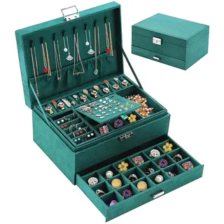 Withosent Schmuckkästchen 3 Ebenen, Schmuckschatulle aus Samt, Schmuckbox Schmuckkoffer für Damen, Schmuckkästen für Ringe, Ohrringe, Halsketten und Uhren, mit Schloss und Schlüssel, Dunkelgrün