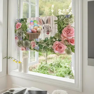 Treer Scheibengardine Küchengardinen Bistrogardine, 1 Stück Tierdrucke Gardinen, Kurz Vorhänge Modern Verdunklungsvorhänge, Transparent Vorhang Waschbar Curtains (Kaninchen und Rose,140 * 60cm)