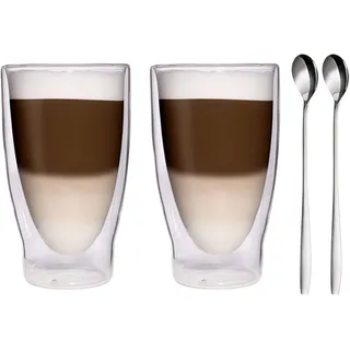 Filosa® Latte Macchiato Gläser doppelwandig (2x 370ml) + 2x Löffel, Espresso Gläser, Teegläser, Cappuccino Gläser, Thermogläser doppelwandig Latte Gläser, Doppelwandige Gläser Latte Macchiato