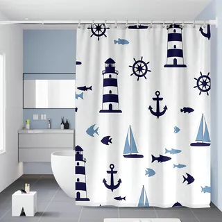 BCughia Duschvorhang Maritim Anker Leuchtturm Segelboot Fische Duschvorhänge 300 x 200 Anti-Schimmel Wasserdicht Polyester Stoff Waschbar Bad Vorhäng für Badzimmer mit 12 Haken