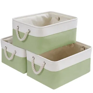 SOCOHOME Aufbewahrungsbox Stoff,Waschbare Aufbewahrungskorb, Korbe in Würfel für Schrank Regal und Kleidung(Grün/Weiß, L, 3 Set)