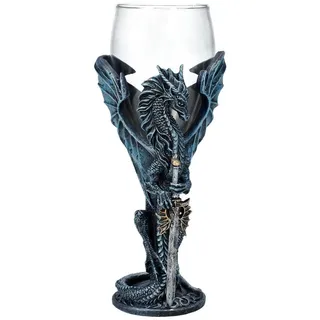Figuren Shop GmbH Becher Glas Kelch Drache - Sea Blade - Weinkelch Fantasy Drachenfigur Deko, Kunststein (Polyresin), Glas blau
