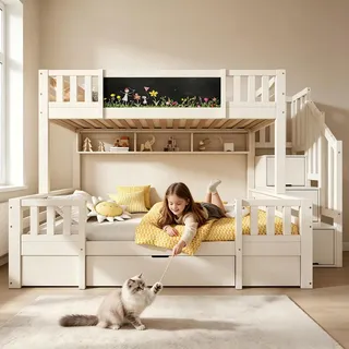 Etagenbett 90x200 und 140x200, Kinderbett mit Treppe, Schubladen und Regal | Etagenbett mit Kreidetafel und Rausfallschutz, Stockbett für Kinder, EN747-1:2024 zertifiziert, Tragfähigkeit 150kg, weiß