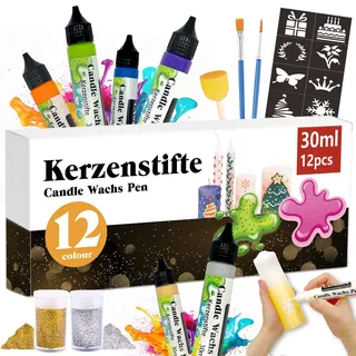 30ml Kerzenstifte Wachsstifte mit Feiner Glitzer Gold Silber Kerzen Bemalen Set Candle Wachs Pen für Ideal zum Kerzen Dekorieren & Gestalten Kerzenfarbe (12-Farben)