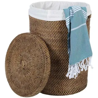 Casa Moro Wäschekorb Rattan Wäschebehälter CLEO BRAUN mit Deckel & Innenfutter (Designer Weide Korb, Aufbewahrungskorb Rattankorb geflochten rund), Boho Chic Wäschesammler mit Griff braun 35 cm x 50 cm