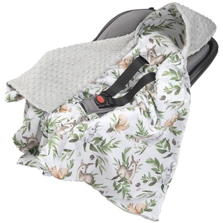 Medi Partners Einschlagdecke 100% Baumwolle 85x85cm Kuscheldecke für Kinderwagen Babyschale universal Baby Decke doppelseitig Babydecke Buggy Autositz (Hirsch in Blättern mit grauem Minky)