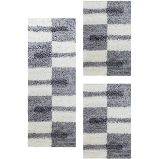 Carpetsale24 Bettumrandung Schlafzimmer 3 teilig Shaggy Hochflor Teppich Hellgrau Bettvorleger Schlafzimmer Bettset: 2 St. 60x110 cm | 1 St. 80x150 cm - Flauschiger Teppich Läufer Set Kariert Design