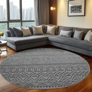 Teppium Teppich Rund 200 cm Grau Vintage Design Bouclé Schlingenflor Skandi Stil Modern Weich Strapazierfähig Pflegeleicht großer runder Teppich für Wohnzimmer Esszimmer Schlafzimmer