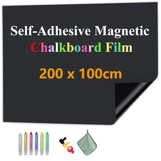 JOMUSAGA Tafelfolie Magnetisch Selbstklebend, 200 x 100 cm Magnetfolie, Abwischbar Kreidefolie, Magnettafel Folie Kind Wand für Haus Büro Schule, mit Wasserbasierende Kreidemarkern& Magnete & Tuche
