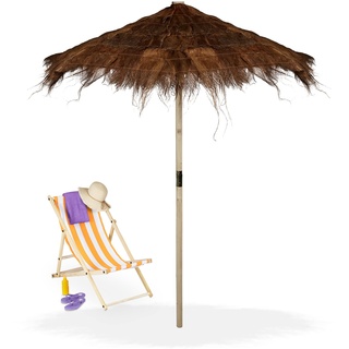 Relaxdays Hawaii Sonnenschirm, Strandschirm HxØ: 250 x 215 cm, handgefertigt, Holz & Palmenblatt, wetterbeständig, braun