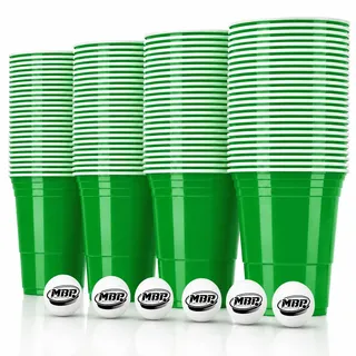 MYBEERPONG® Party Cups Grün 100 Stück + 6 Bälle 473 ml / 16 oz – BPA-freie stabile Plastikbecher Mehrweg Partybecher für Beer Pong, Geburtstag, Festival, BBQ & Party
