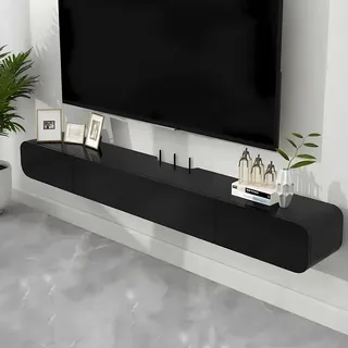 Ahtadums Massivholz TV Lowboard Hängend, TV Schrank hängend mit 2 Schubladen TV Board hängend Hängeschrank Wandregal komplett montiert (Schwarz B, 140cm)