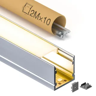 GEEKLUX 10 x LED U-Profil Aluminium 2 m (20 m), Led Profil für led Streifen bis 15 mm, 20 x 20 mm, led Schiene mit milchigem PC-Diffusor, Trockenbauprofil für Decken- und Wandinstallation