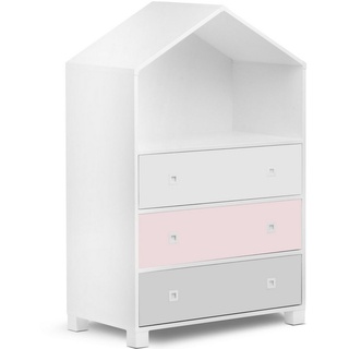 Konsimo Kommode MIRUM Kinderkommode Hausform Kommode, 3 Schubladen, mit Einlegeböde, Fenster mit Grifffunktion grau|rosa|weiß