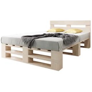 sunnypillow Paletten Bett M2 aus Holz 140x200cm mit Kopfteil, 2 Bett kästen | Doppelbett, Familienbett, erhöhtes Bettgestell Futonbett Komforthöhe Naturholz Massivholzbett