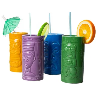 #winning Set mit 4 großen, bunten, schweren Keramik-Tiki-Partybechern, 355 ml