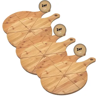 hausleben Pizzabrett 33 cm Bambus 6er Set – Rundes Schneidebrett mit Griff und Schneiderillen – Holz Pizzateller für Flammkuchen, Holzteller Servierbrett für Pizza, Leicht zu Reinigen