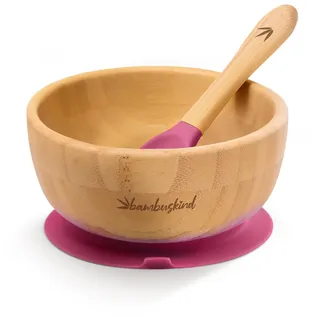 bambuskind Kinderschüssel mit Saugnapf kirsch, Inkl. Rezepte-Ebook, Rutschfester Baby Teller mit Esslernlöffel aus Bambus, Kindergeschirr-Set ohne schädliche Kunststoffe