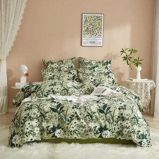 Luowei Grün Bettwäsche 135x200 Baumwolle 4 teilig Dunkelgrün Pflanzen Weiß Blumen Bettwäsche Set Sommer Aesthetic Bettbezüge mit Reißverschluss und 2 Kissenbezüge 80x80cm