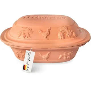 Römertopf Bräter Rustico, 3 Liter Schmortopf für 4 Personen aus Keramik, Tonbräter mit Deckel zum Schmoren, Braten und Dampfgaren, backofengeeignet