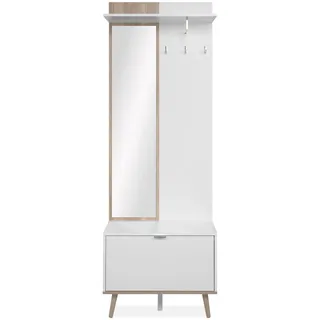 möbelando Kompaktgarderobe Göteborg – Garderobenschrank mit Spiegel, 195 cm hoch, Weiß/Sonoma Eiche – Platzsparend für Flur, Keller & Hauswirtschaftsraum