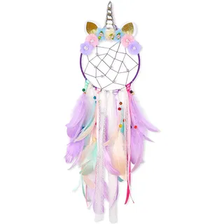 MHJY Einhorn Traumfänger Mädchen Großer Dreamcatcher Kinder Schlafzimmer Zubehör Handgemacht Bunte Federn Blumen Wandbehang Dekoration Kinderzimmer Geburtstagsgeschenk Junge