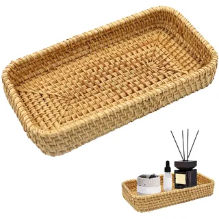 Kleines Rattan-Serviertablett, natürlich gewebt, dekoratives Serviertablett, Eingangstisch, Korb für Schlüssel, Ringe, Schmuck, Organizer, Schale für Couchtisch, Wohnzimmer, Schlafzimmer (Hellgelb)