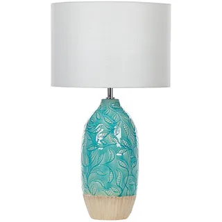 Beliani Tischlampe mit Keramikfuß Blau Türkis 58 cm Blättermotiv Lampenschirm weiß Ataba