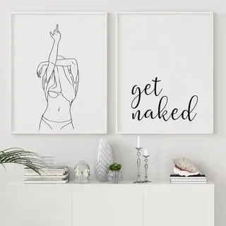 Schwarze weiße Frau Mittelfinger Leinwand Malerei Poster Lustiges Drucken Home Decor Wand Kunst Bild Für Badezimmer Kein Rahmen-30x40cmX2
