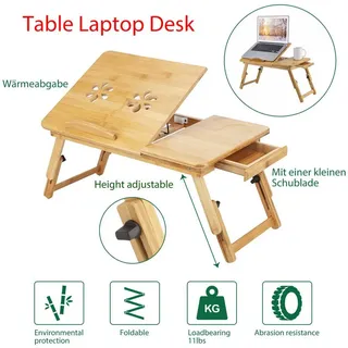 Huole Laptoptisch Laptop Tisch Betttisch Laptop Knietisch Bambus Notebooktisch mit Lüftungslöchern mit Schublade für Lesen Oder Frühstück (66 * 35 * 30cm-Holzfarbe)